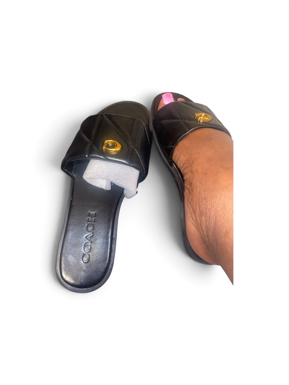 Coach Quilted Black Slide Sandals with Gold Accent